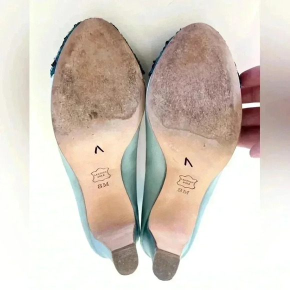 Miss Albright Bijou Teal Blue Satin & Beaded Sequin Rhinestone Cap Toe Heels - Picture 15 of 16